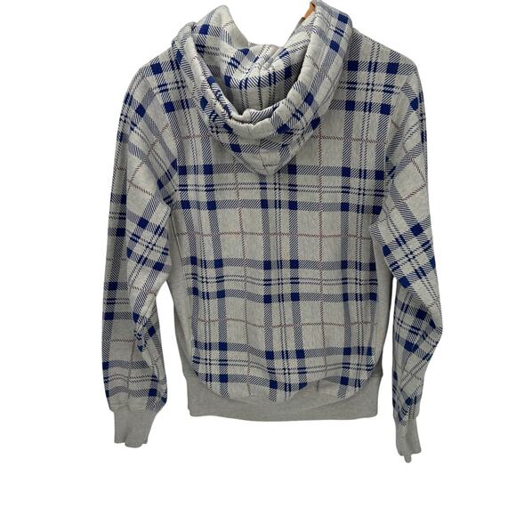 Champion Hoodie Mens Small Reverse Weave Gray Blue Plaid Pullover Comfy - Picture 3 of 9